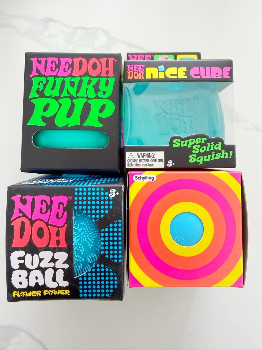 RARE Blue NeeDoh Bundle of 4 💙 Nice Cube Funky Pup Fuzz Ball Flower Power Sealed